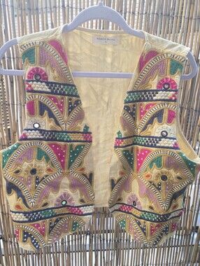 MAISON HOTEL Embroidered Beaded Yellow Festival Vest Free People XL Nwot